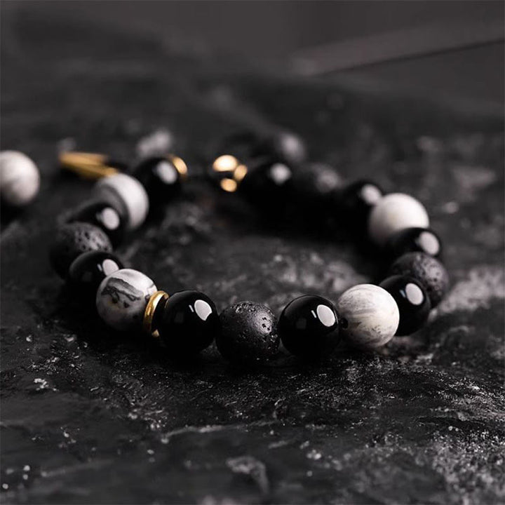 Buddha Stones Black Obsidian Lava Rock Stone Yin Yang Strength Bracelet