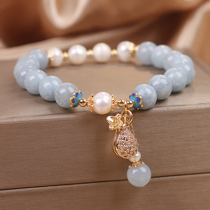 Buddha Stones Aquamarine Pearl Fortune Money Bag Charm Bracelet