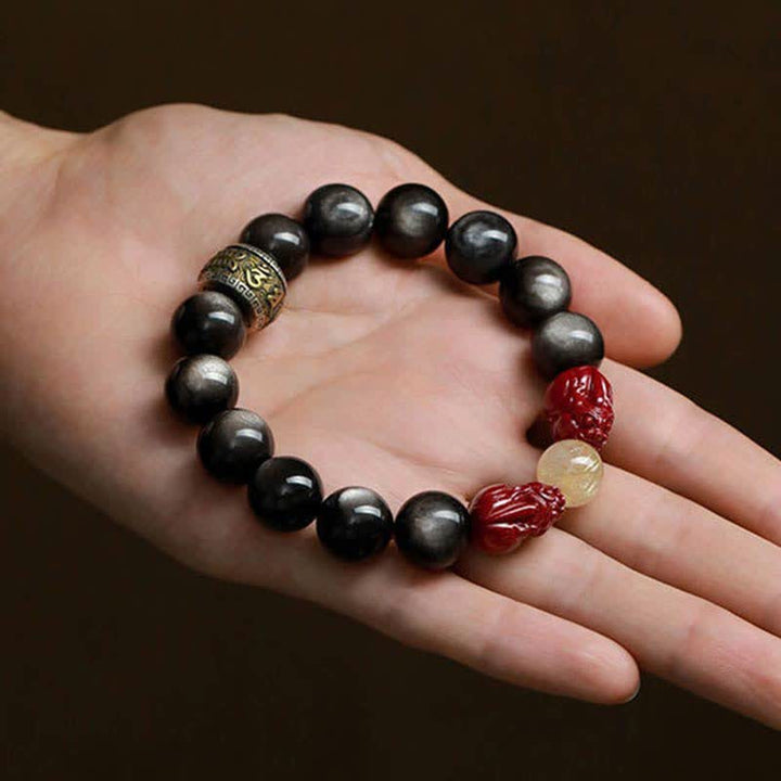 Buddha Stones Gold Sheen Obsidian PiXiu Cinnabar Om Mani Padme Hum Protection Bracelet