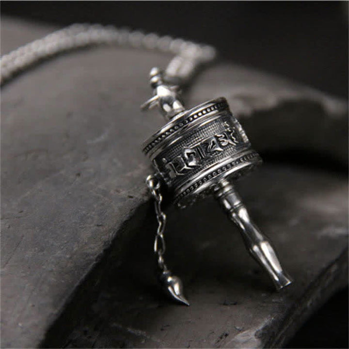 925 Sterling Silver Om Mani Padme Hum Prayer Wheel Purity Rotatable Necklace Pendant