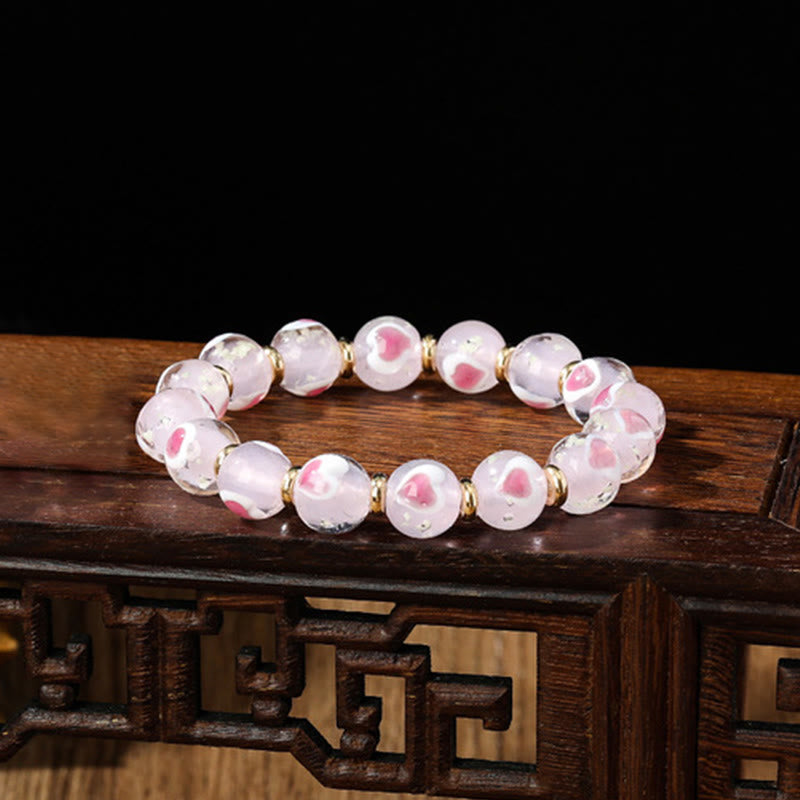 Buddha Stones Gold Swallowing Beast Family Pink Love Heart Luminous Fluorescent Liuli Glass Bead Bracelet