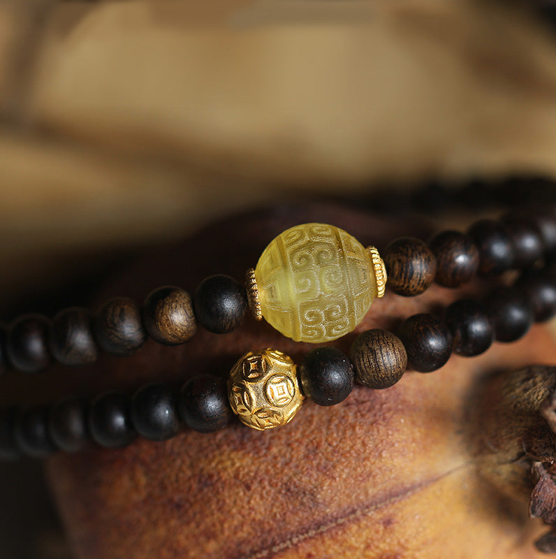 999 Gold Nha Trang Heiqinan Agarwood Amber Red Agate Strength Meditation Bracelet