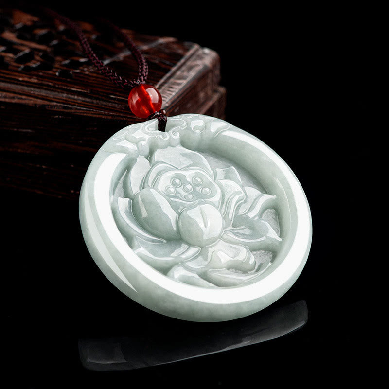 Buddha Stones Natural Jade Lotus Flower Carved Prosperity Necklace Pendant