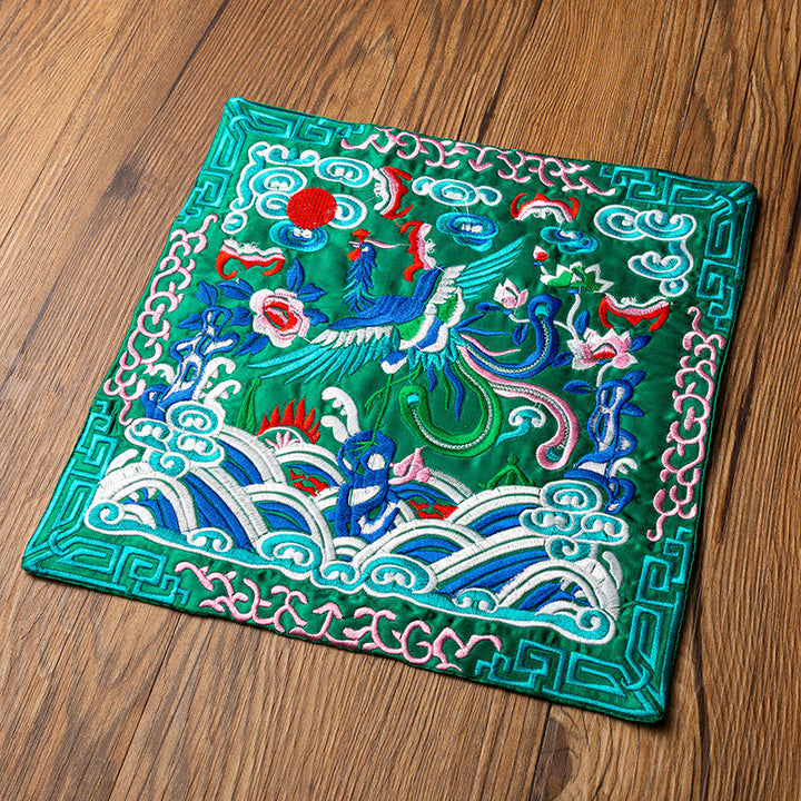 Buddha Stones Phoenix Dragon Kirin Embroidery Cup Mat Pad Tea Cup Coaster Kung Fu Tea Mat