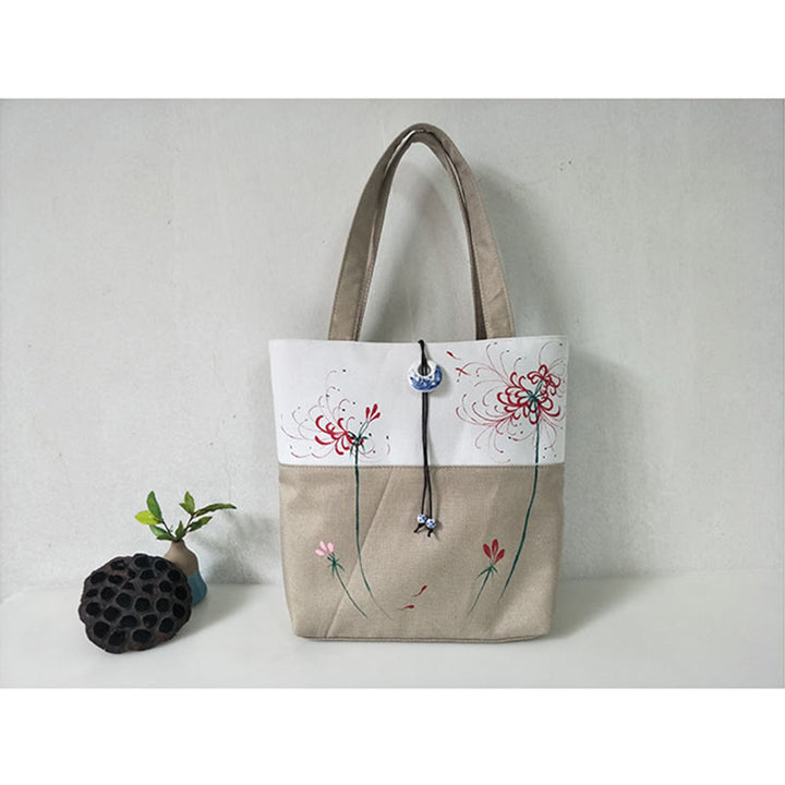 Pear Flower Plum Peach Blossom Bamboo Embroidery Canvas Large Capacity Shoulder Bag Tote Bag