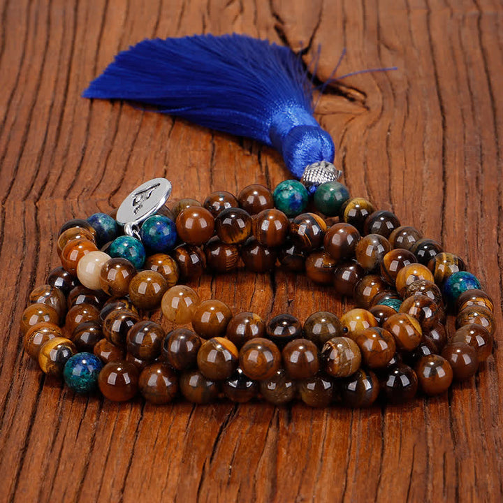 108 Mala Beads Tiger Eye Buddha Strength Bracelet Tassel Necklace Pendant