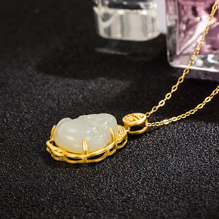 925 Sterling Silver Laughing Buddha Hetian White Jade Protection Necklace Pendant