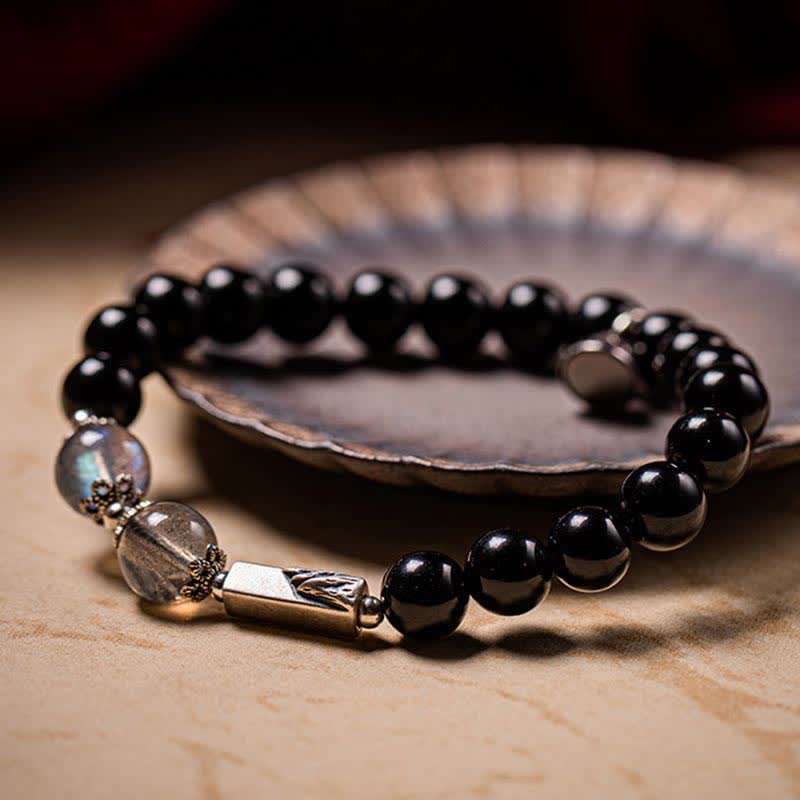 925 Sterling Silver Obsidian Moonstone Strength Couple Bracelet