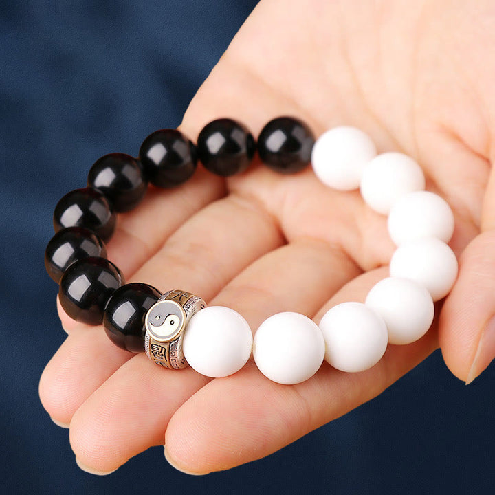 Buddha Stones 925 Sterling Silver Black Obsidian White Shell Yin Yang Strength Bracelet