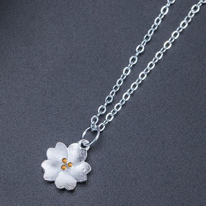 Buddha Stones 925 Sterling Silver Cherry Blossom Flower Blessing Necklace Pendant