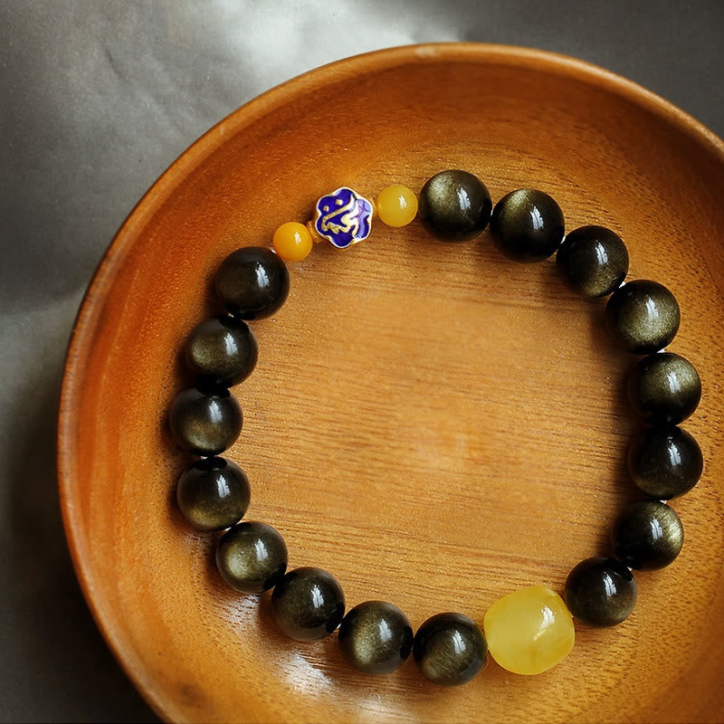 Buddha Stones 925 Sterling Silver Chinese Zodiac Natal Buddha Natural Gold Sheen Obsidian Amber Wealth Protection Bracelet