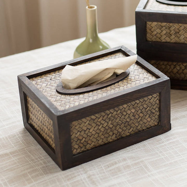 Handmade Bamboo Woven Wood Tissue Box Wooden Tissue Holder Wipes Boxes Decoration