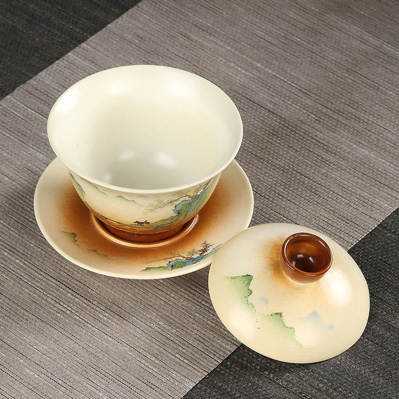 Buddha Stones Mountain Landscape Countryside Ceramic Gaiwan Sancai Teacup Kung Fu Tea Cup And Saucer With Lid