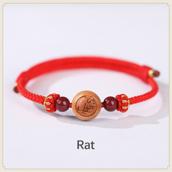 Buddha Stones Natural Peach Wood Chinese Zodiac Fu Character Carved Cinnabar Wealth Bracelet