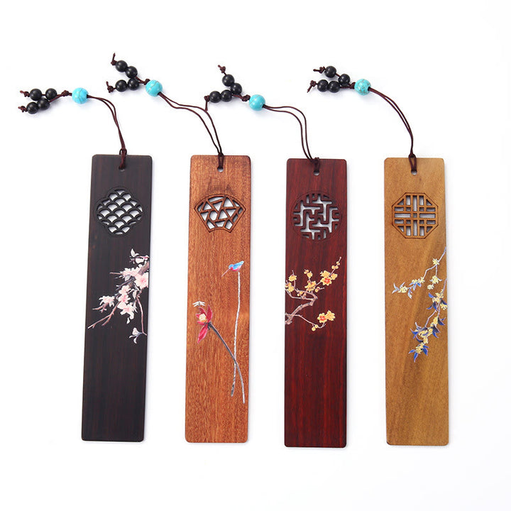 Buddha Stones 4Pcs Four Seasons Plum Orchid Bamboo Chrysanthemum Peking Opera Mask Wood Bookmarks With Gift Box