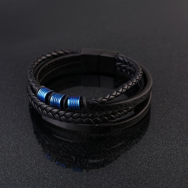 Buddha Stones Leather Multi-Layer Titanium Steel Balance Braided Magnetic Buckle Bracelet