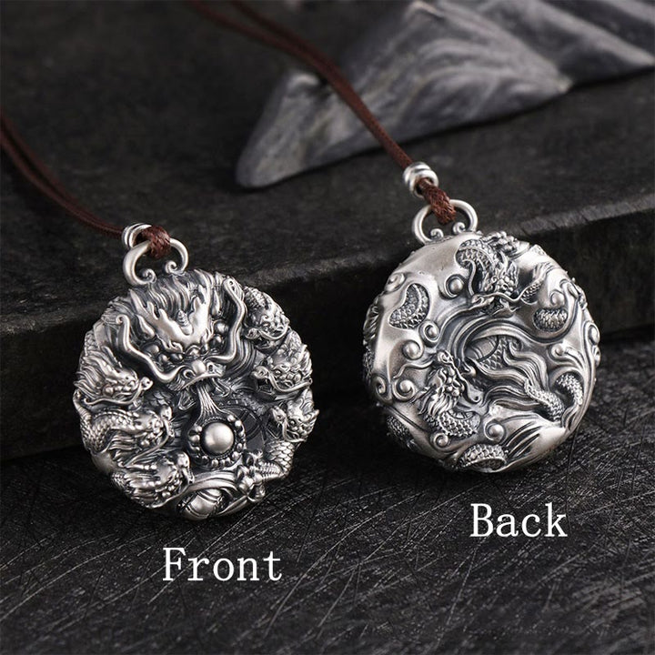 Buddha Stones 999 Sterling Silver Nine Dragons Playing With A Pearl Luck Protection Necklace Pendant