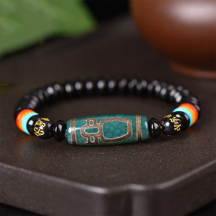 Buddha Stones Tibetan Nine-Eye Dzi Bead Om Mani Padme Hum Power Bracelet