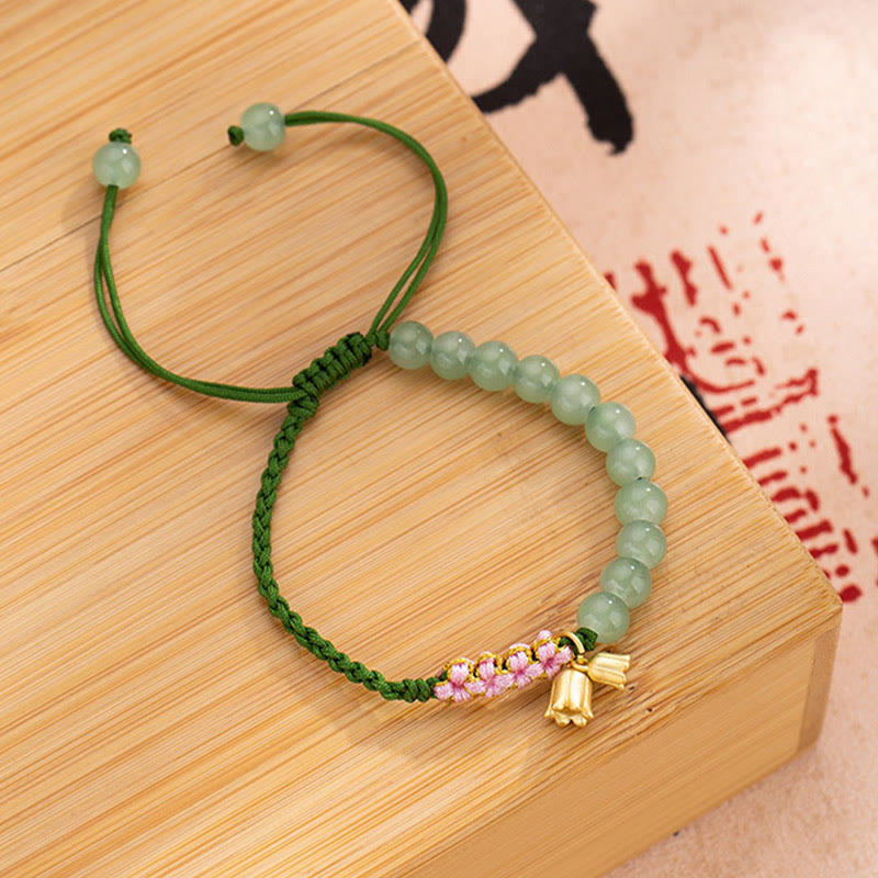 Buddha Stones Handmade Jade Bead Lily of the Valley Charm Luck Braided Bracelet