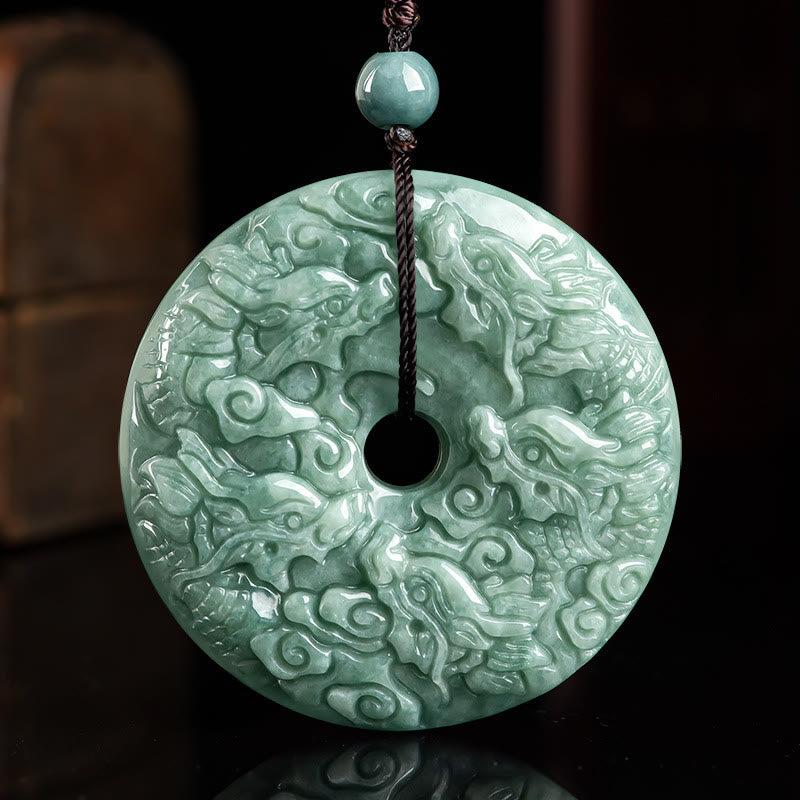 Buddha Stones Year of the Dragon Natural Jade Nine Dragons Peace Buckle Protection Necklace Pendant