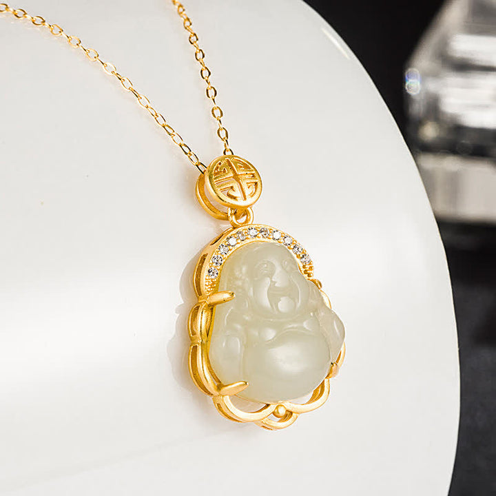 925 Sterling Silver Laughing Buddha Hetian White Jade Protection Necklace Pendant