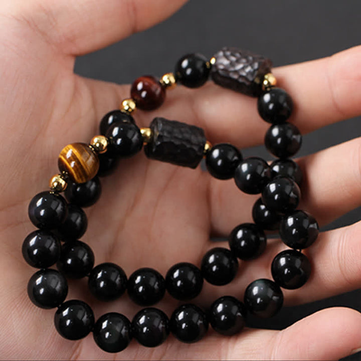 Black Obsidian Ebony Wood Red Tiger Eye Strength Couple Bracelet