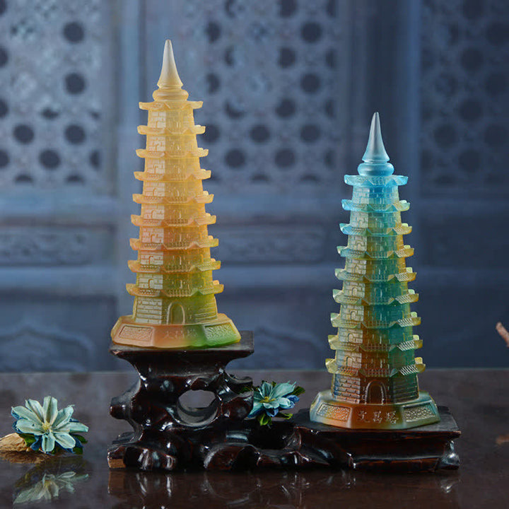 Feng Shui Wenchang Tower Handmade Liuli Crystal Pagoda Art Piece Luck Home Office Decoration