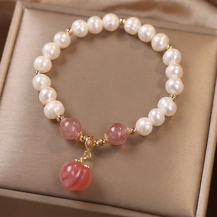 Buddha Stones Natural Pearl Strawberry Quartz Peach Love Heart Wisdom Charm Bracelet