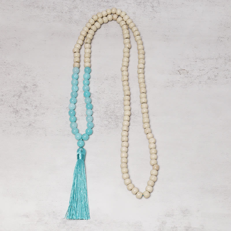 Buddha Stones Semi-Precious Gem Stones Wood Bead Necklace Multicolor Tassel Charms Chain Necklace