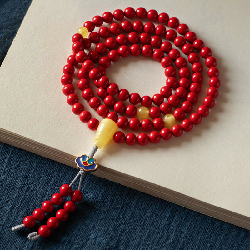 Buddha Stones 108 Mala Beads Natural Cinnabar Amber Keep Away Evil Spirits Bracelet