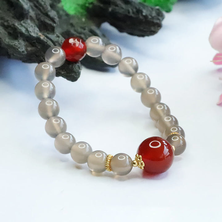 Buddha Stones Natural Gray Chalcedony Red Agate Harmony Bracelet