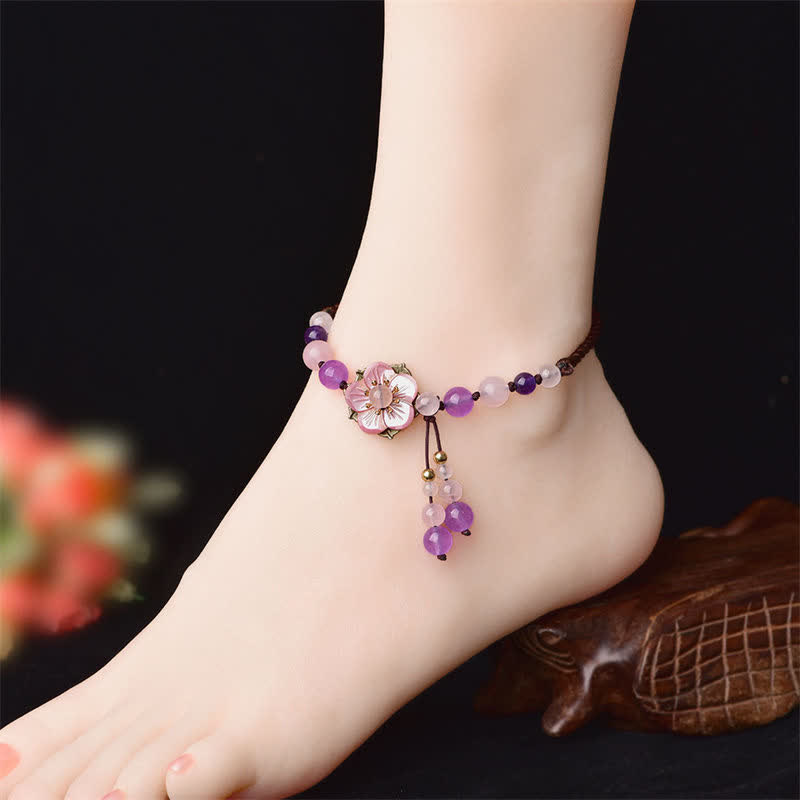 Buddha Stones Natural Amethyst Rose Quartz Crystal Charm Lucky Healing Anklet