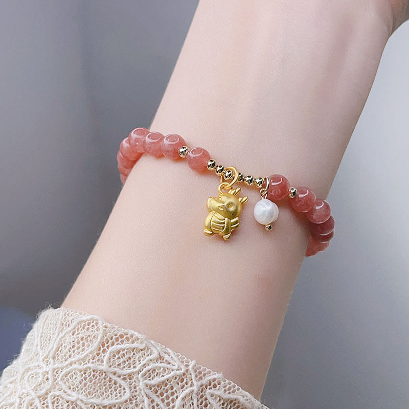 Buddha Stones Year of the Dragon Strawberry Quartz Dragon Pearl Charm Protection Bracelet