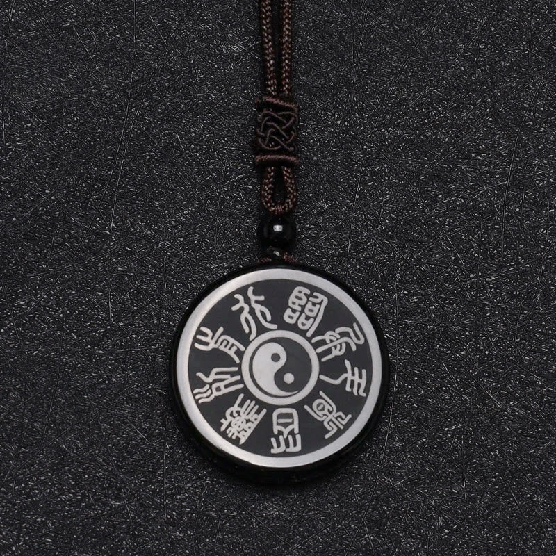 Buddha Stones Black Obsidian Taoism Five Sacred Mountains Nine-Character Mantra Carved Purification Yin Yang Necklace Pendant