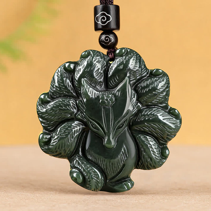 Hetian Cyan Jade Nine Tailed Fox Luck Necklace String Pendant