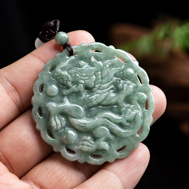 Buddha Stones Chinese Zodiac Dragon Phoenix Round Jade Luck Necklace String Pendant