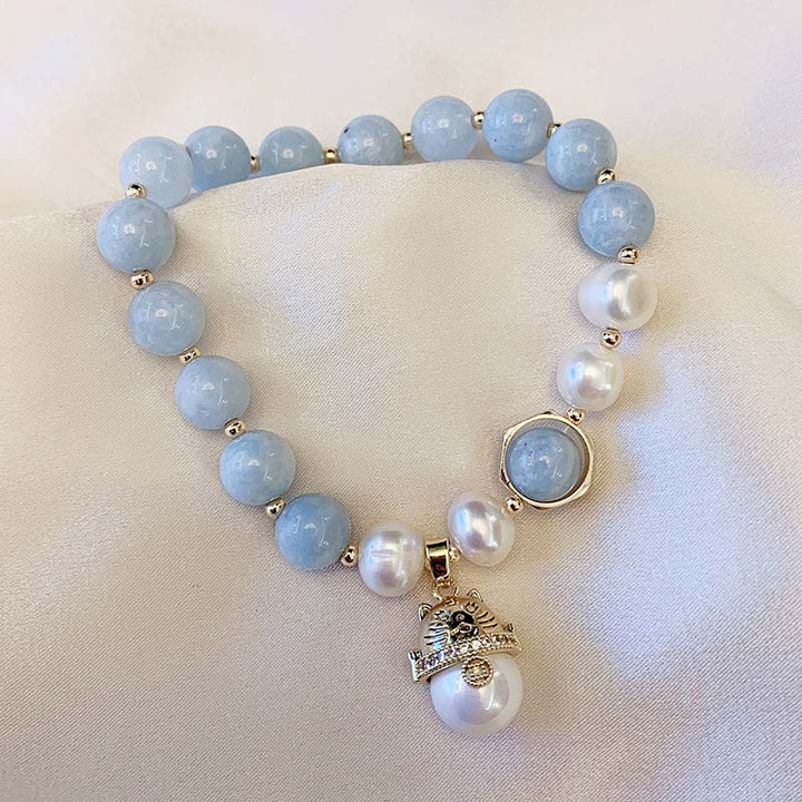 Buddha Stones Aquamarine Pearl Peace Healing Lucky Cat Charm Bracelet