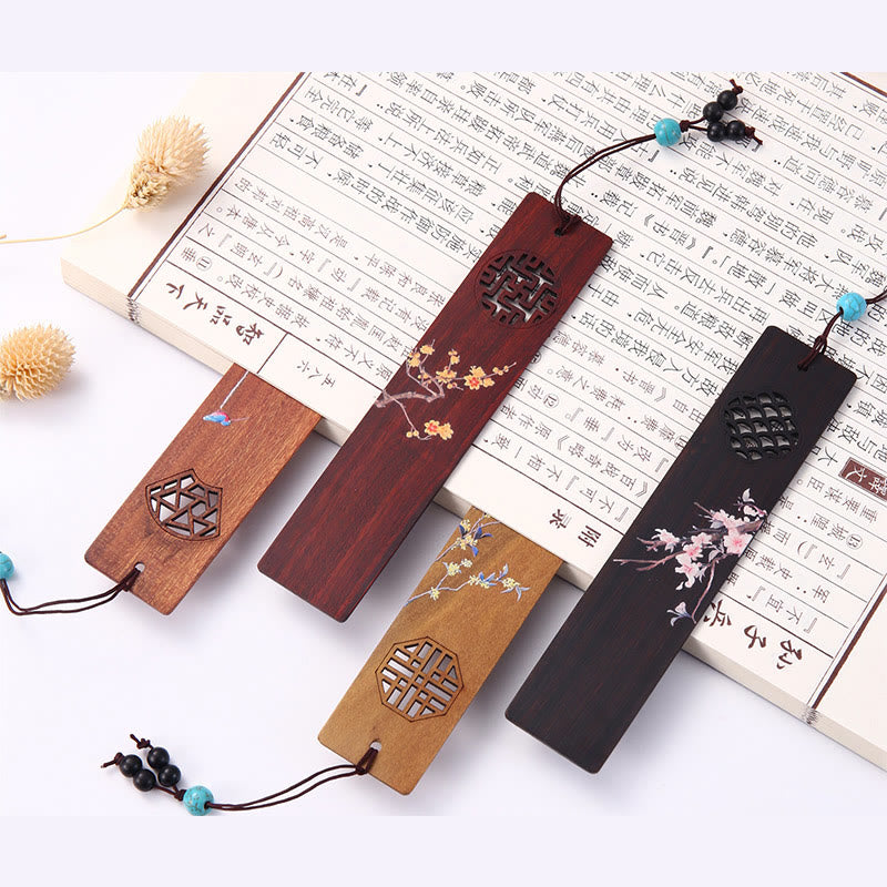 Buddha Stones 4Pcs Four Seasons Plum Orchid Bamboo Chrysanthemum Peking Opera Mask Wood Bookmarks With Gift Box