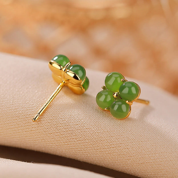 Buddha Stones 925 Sterling Silver Plated Gold Natural Cyan Jade Four Leaf Clover Luck Stud Earrings