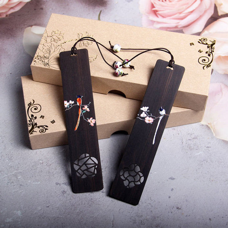 Buddha Stones Oriole Bird Flower Ebony Wood Bookmarks With Gift Box