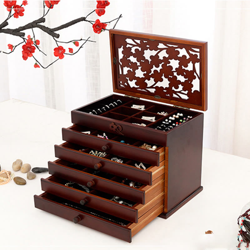 Buddha Stones Vintage Plum Blossom Carved Wooden Jewelry Box Six-Layer Jewelry Storage Box