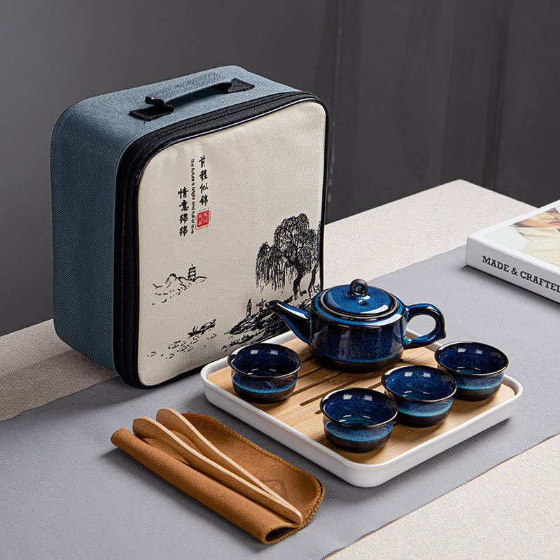 Blue Gradient Color Chinese Gongfu Tea Ceramic Teapot Portable Gift Bag Box Set