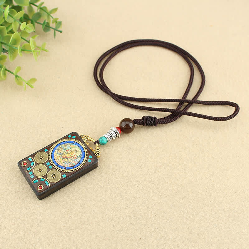 Buddha Stones Tibet God of Wealth Thangka Ebony Peace Necklace Pendant