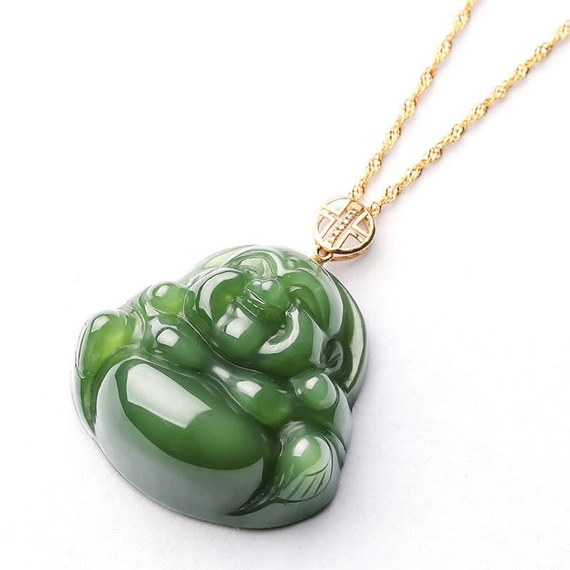 925 Sterling Silver Laughing Buddha Hetian Cyan Jade 18K Gold Success Necklace Chain Pendant