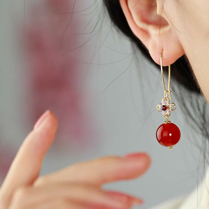 Buddha Stones 925 Sterling Silver Red Agate Flower Beaded Confidence Earrings