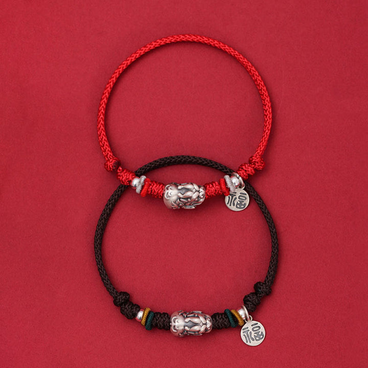 Buddha Stones 925 Sterling Silver PiXiu Fu Character Wealth Luck Handmade Braided Bracelet