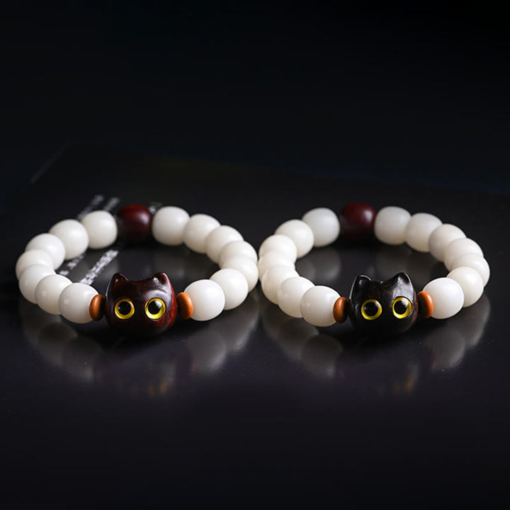 Buddha Stones Natural Bodhi Seed Small Leaf Red Sandalwood Ebony Wood Cute Lucky Cat Wisdom Bracelet