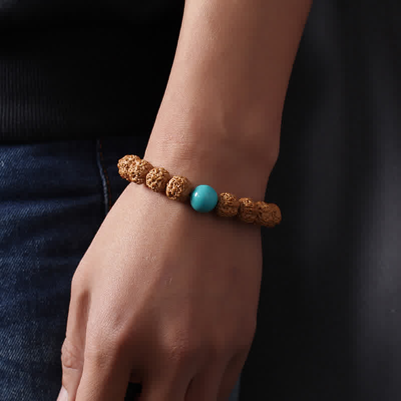 Buddha Stones Tibet Rudraksha Bodhi Seed Dzi Bead Amber Turquoise Wealth Bracelet