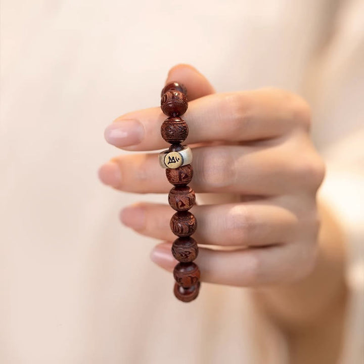 Buddha Stones Chinese Zodiac Natal Buddha Small Leaf Red Sandalwood Om Mani Padme Hum Protection Bracelet