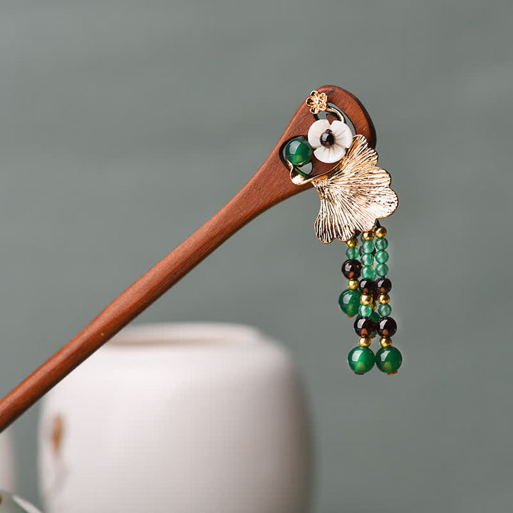 Red Sandalwood Green Agate Ginkgo Leaf Protection Hairpin